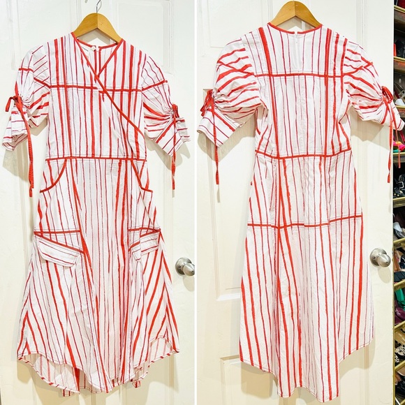 {LOVEBIRDS} Red & White Striped Designer High-Low Midi Dress - Picture 2 of 10